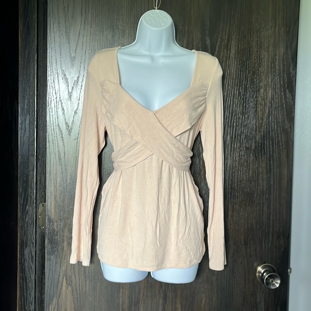 Cream long sleeve cris cross blouse, XL by SHEIN